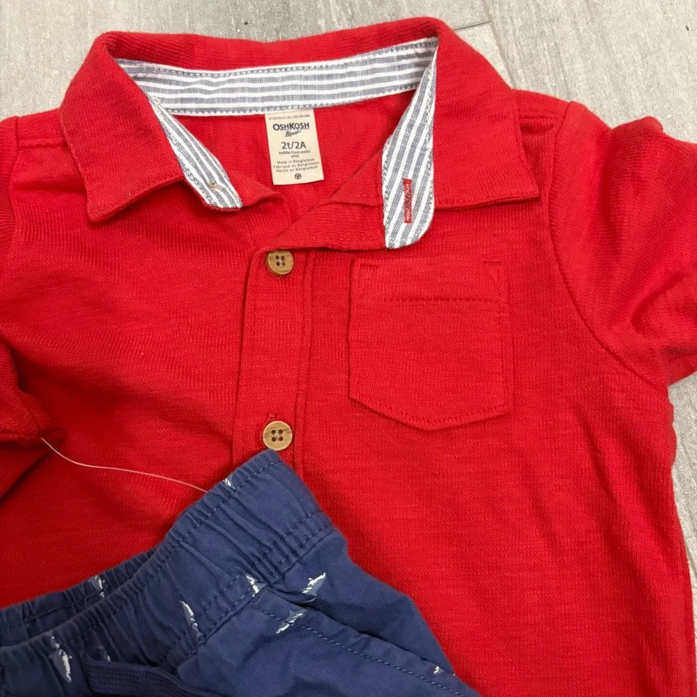 OshKosh B'gosh Toddler Boys‎ 2T Red Polo Shirt and Navy Shark Print Shorts Set